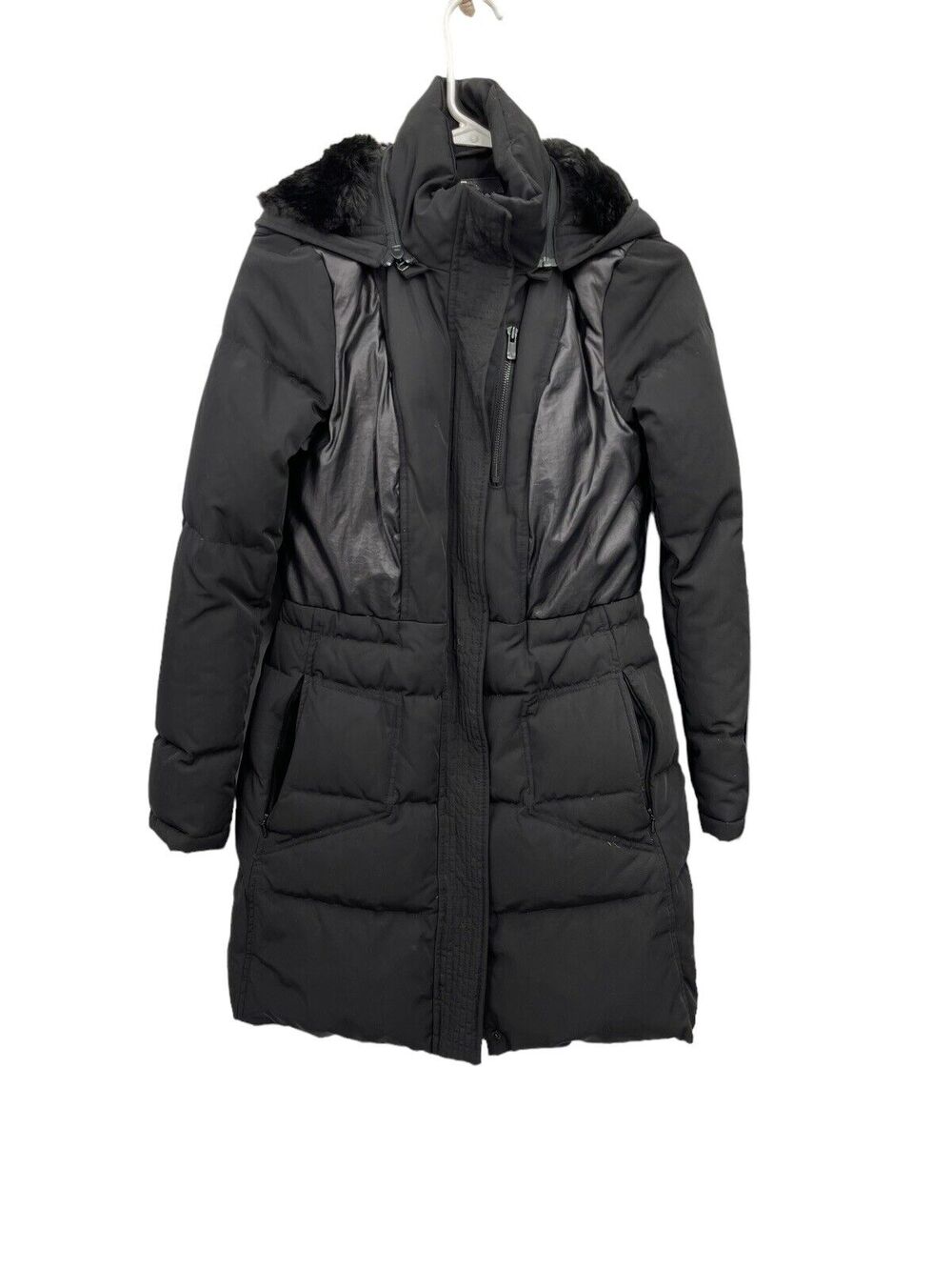 7 For All Mankind Down Puffer Coat Faux Fur Hood Black Size XS